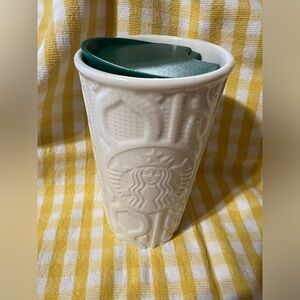Starbucks ceramic cable knit sweater coffee mug w/lid, 2016, 10oz, white/green